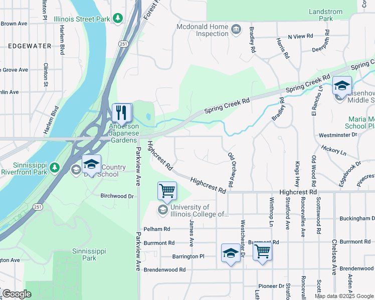 map of restaurants, bars, coffee shops, grocery stores, and more near 2517 Whitehall Circle in Rockford