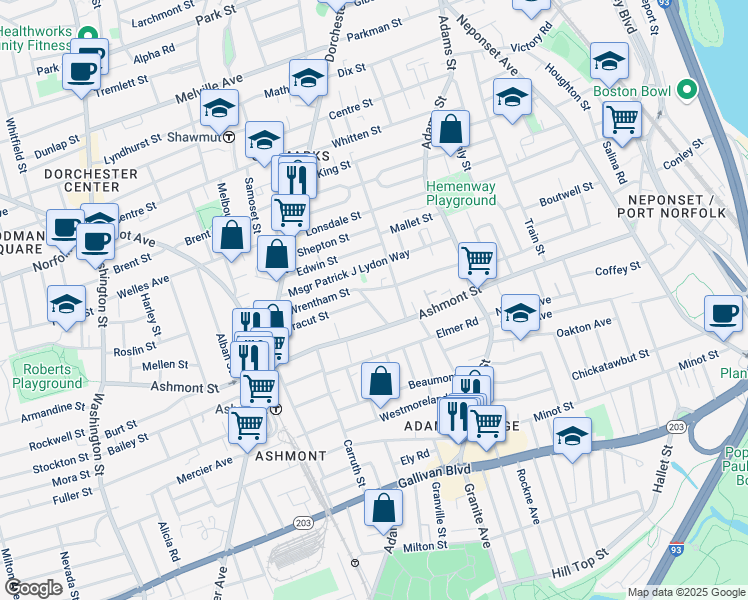 map of restaurants, bars, coffee shops, grocery stores, and more near 13 Bruce Street in Boston