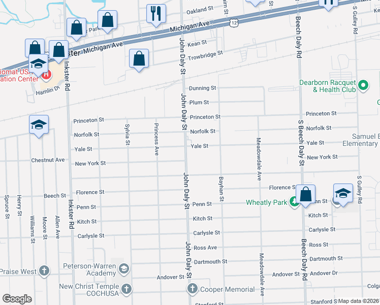 map of restaurants, bars, coffee shops, grocery stores, and more near 3125 John Daly Street in Inkster
