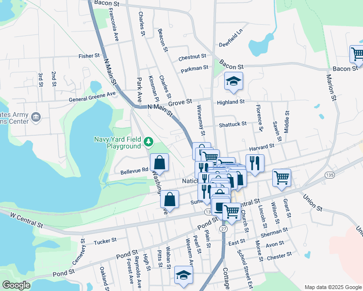 map of restaurants, bars, coffee shops, grocery stores, and more near 46 North Main Street in Natick