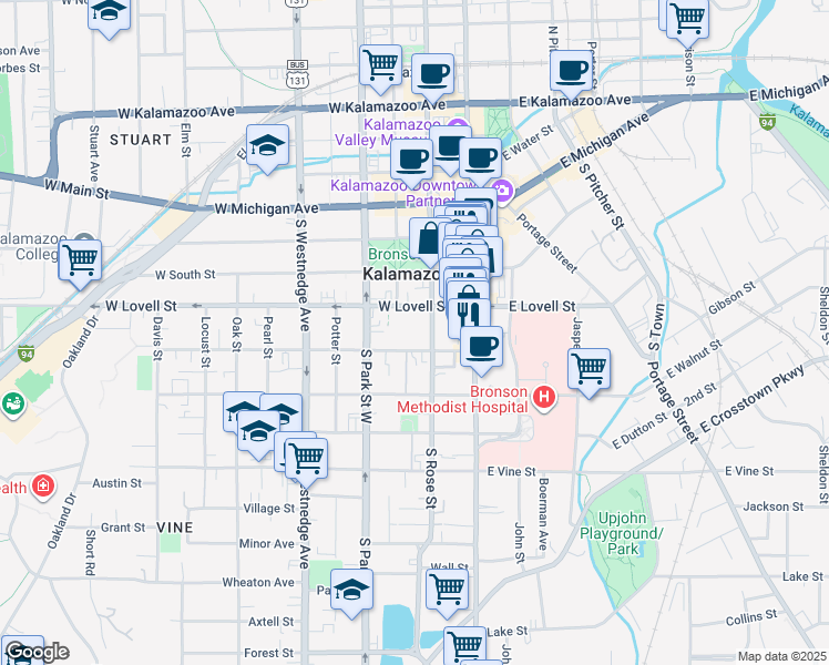 map of restaurants, bars, coffee shops, grocery stores, and more near 247 West Lovell Street in Kalamazoo
