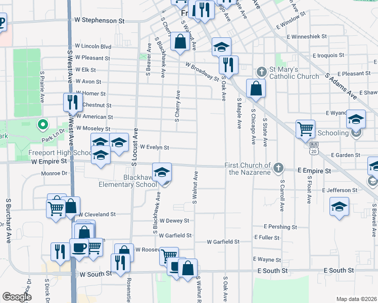 map of restaurants, bars, coffee shops, grocery stores, and more near 317 West Evelyn Street in Freeport