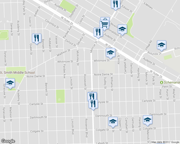 map of restaurants, bars, coffee shops, grocery stores, and more near 3244 Monroe Street in Dearborn