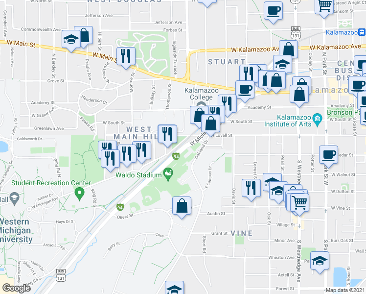 map of restaurants, bars, coffee shops, grocery stores, and more near 1128 West Michigan Avenue in Kalamazoo