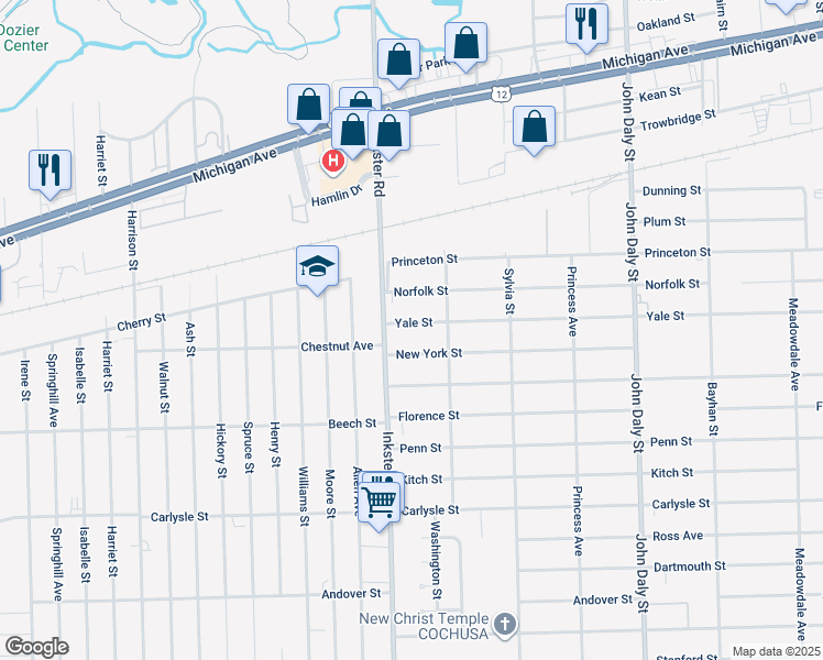 map of restaurants, bars, coffee shops, grocery stores, and more near 27305 Yale Street in Inkster