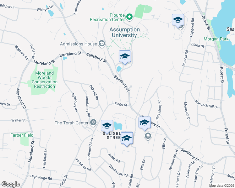 map of restaurants, bars, coffee shops, grocery stores, and more near 11 Dennison Road in Worcester