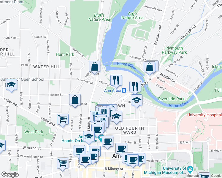 map of restaurants, bars, coffee shops, grocery stores, and more near 200 Depot Street in Ann Arbor
