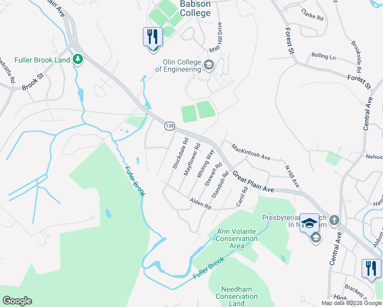 map of restaurants, bars, coffee shops, grocery stores, and more near 31 Mayflower Road in Needham