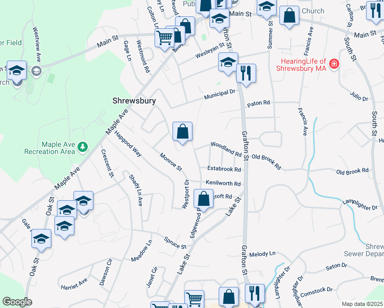 map of restaurants, bars, coffee shops, grocery stores, and more near 10 Edgewood Road in Shrewsbury