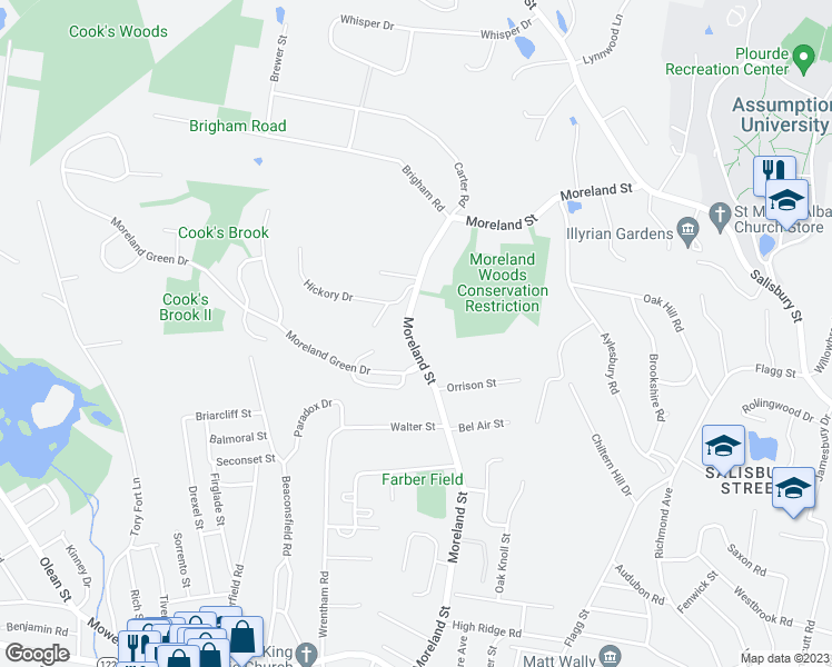 map of restaurants, bars, coffee shops, grocery stores, and more near 160 Moreland Street in Worcester