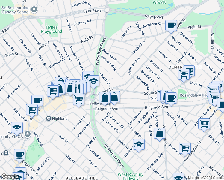 map of restaurants, bars, coffee shops, grocery stores, and more near 1646 Centre Street in Boston