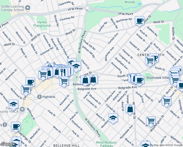 map of restaurants, bars, coffee shops, grocery stores, and more near 1646 Centre Street in Boston