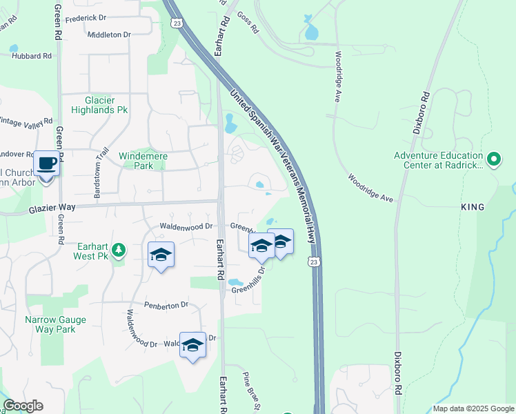 map of restaurants, bars, coffee shops, grocery stores, and more near 1040 Greenhills Drive in Ann Arbor