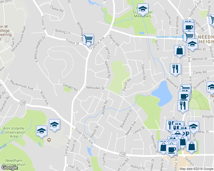 map of restaurants, bars, coffee shops, grocery stores, and more near 11 Nardone Road in Needham