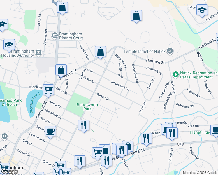 map of restaurants, bars, coffee shops, grocery stores, and more near 120 Howe Street in Framingham