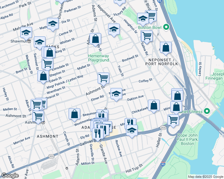 map of restaurants, bars, coffee shops, grocery stores, and more near 24 Nahant Avenue in Boston