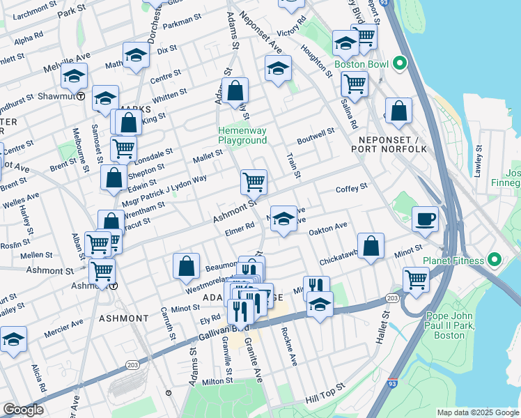 map of restaurants, bars, coffee shops, grocery stores, and more near 640 Adams Street in Boston