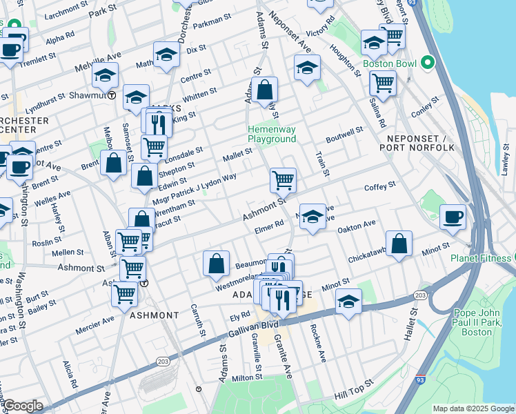 map of restaurants, bars, coffee shops, grocery stores, and more near 402 Ashmont Street in Boston