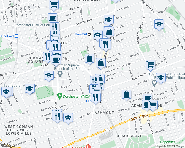 map of restaurants, bars, coffee shops, grocery stores, and more near 510 Talbot Avenue in Boston