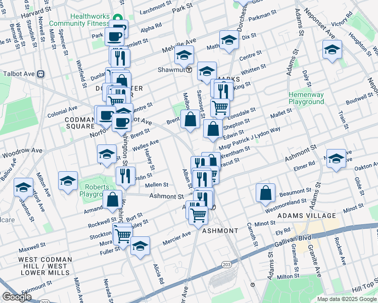 map of restaurants, bars, coffee shops, grocery stores, and more near 510 Talbot Avenue in Boston