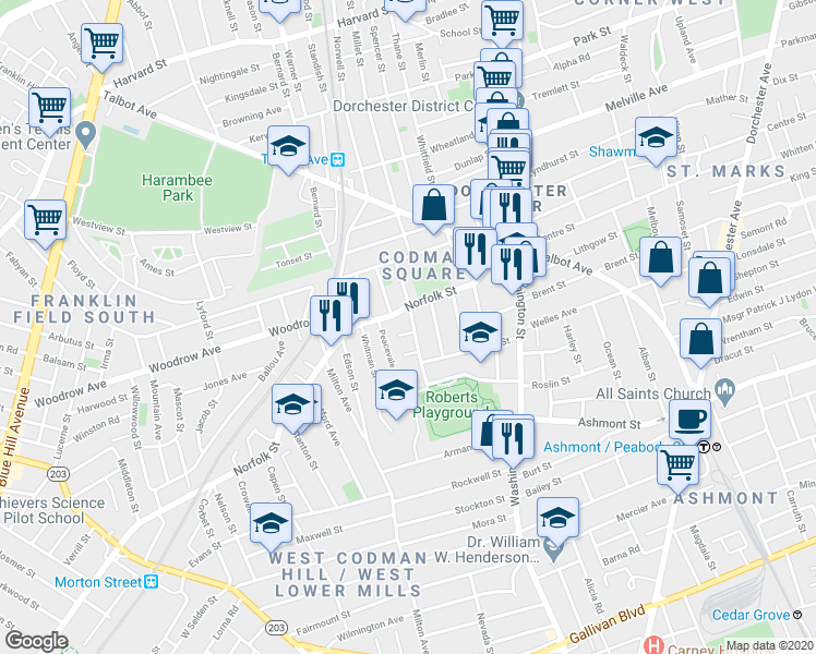map of restaurants, bars, coffee shops, grocery stores, and more near 9 Claridge Terrace in Boston