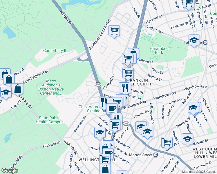 map of restaurants, bars, coffee shops, grocery stores, and more near 48 Hansborough Street in Boston