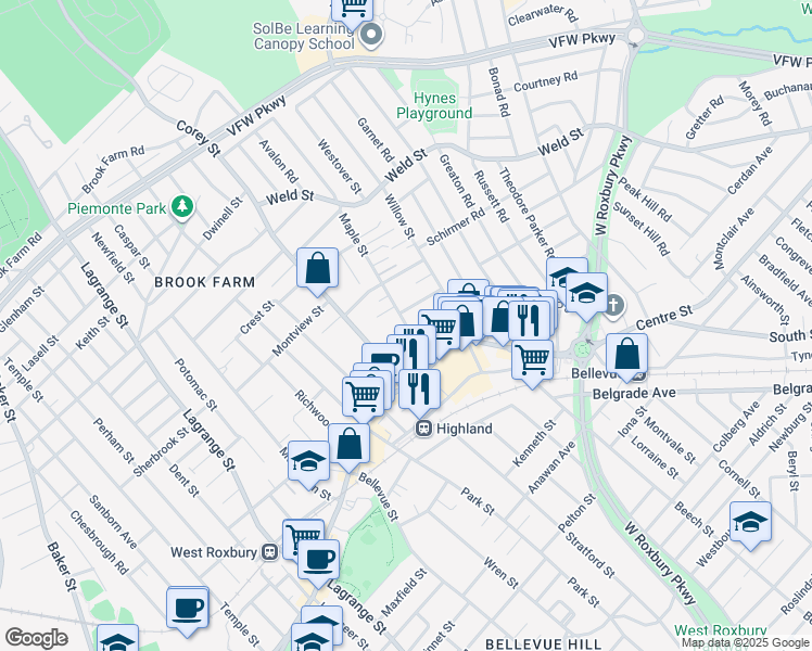 map of restaurants, bars, coffee shops, grocery stores, and more near 9 Maple Lane in Boston