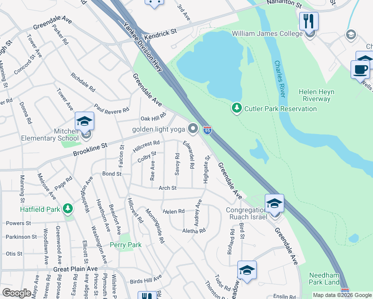 map of restaurants, bars, coffee shops, grocery stores, and more near 53 Edwardel Road in Needham