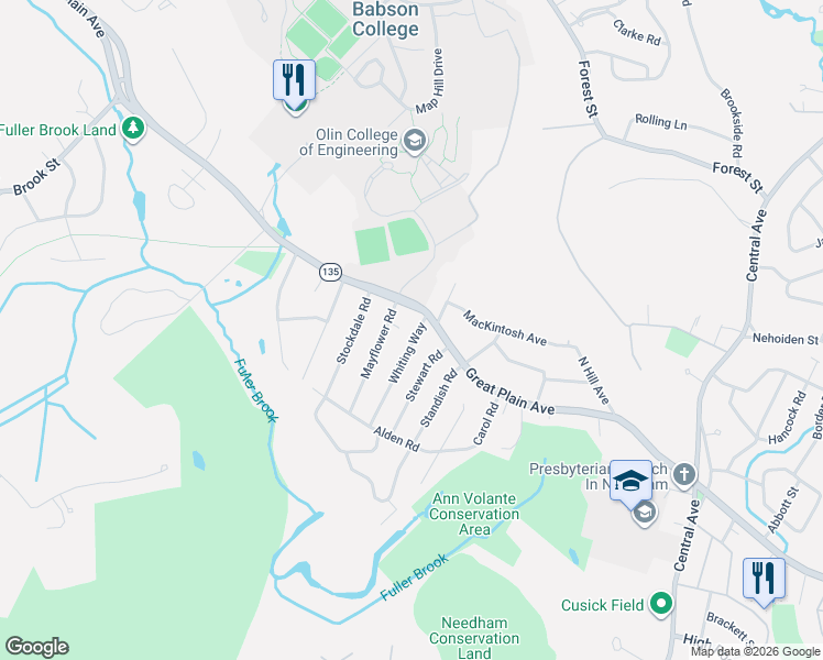 map of restaurants, bars, coffee shops, grocery stores, and more near 20 Whiting Way in Needham