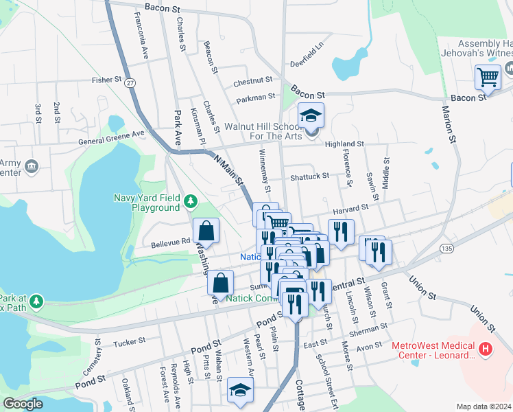 map of restaurants, bars, coffee shops, grocery stores, and more near 46 North Main Street in Natick
