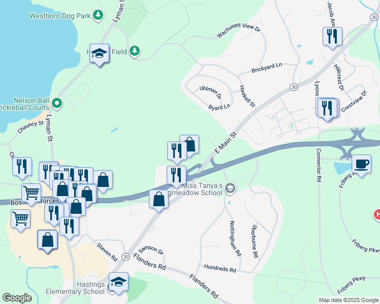 map of restaurants, bars, coffee shops, grocery stores, and more near 180 East Main Street in Westborough