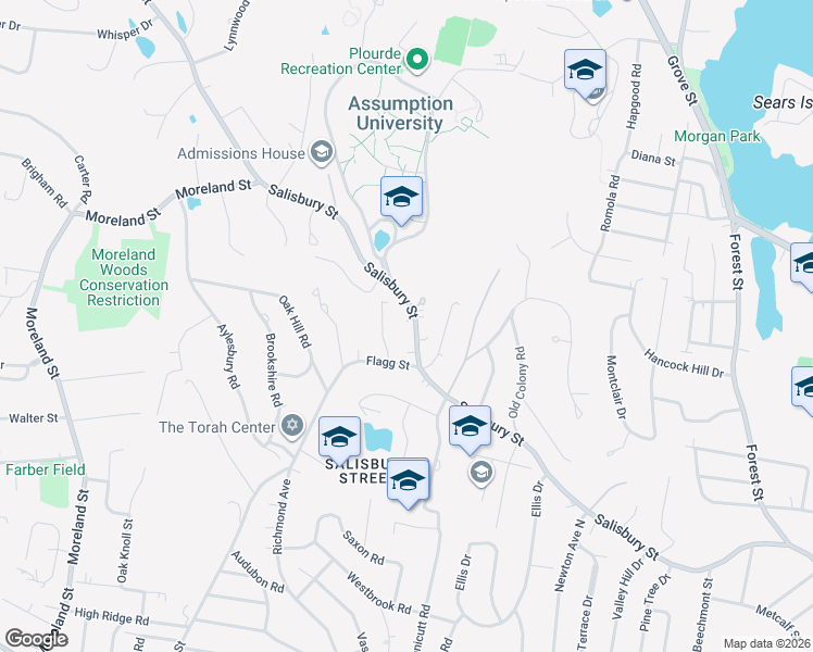 map of restaurants, bars, coffee shops, grocery stores, and more near 477 Salisbury Street in Worcester