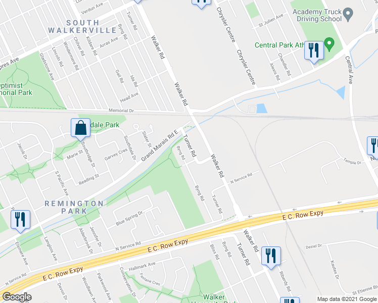 map of restaurants, bars, coffee shops, grocery stores, and more near 2846 Byng Road in Windsor