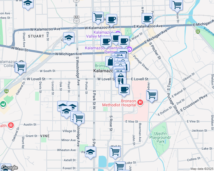 map of restaurants, bars, coffee shops, grocery stores, and more near 247 West Lovell Street in Kalamazoo