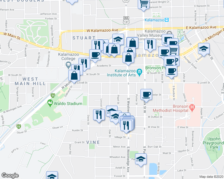 map of restaurants, bars, coffee shops, grocery stores, and more near 424 Pearl Street in Kalamazoo
