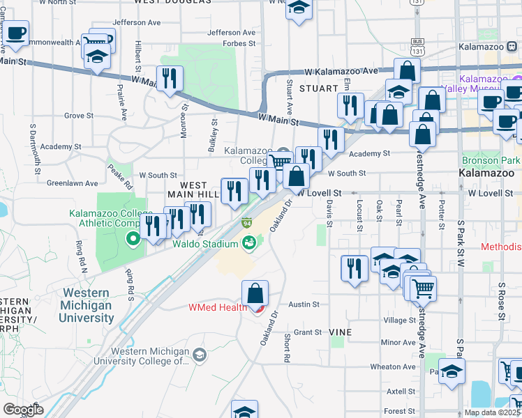 map of restaurants, bars, coffee shops, grocery stores, and more near in Kalamazoo