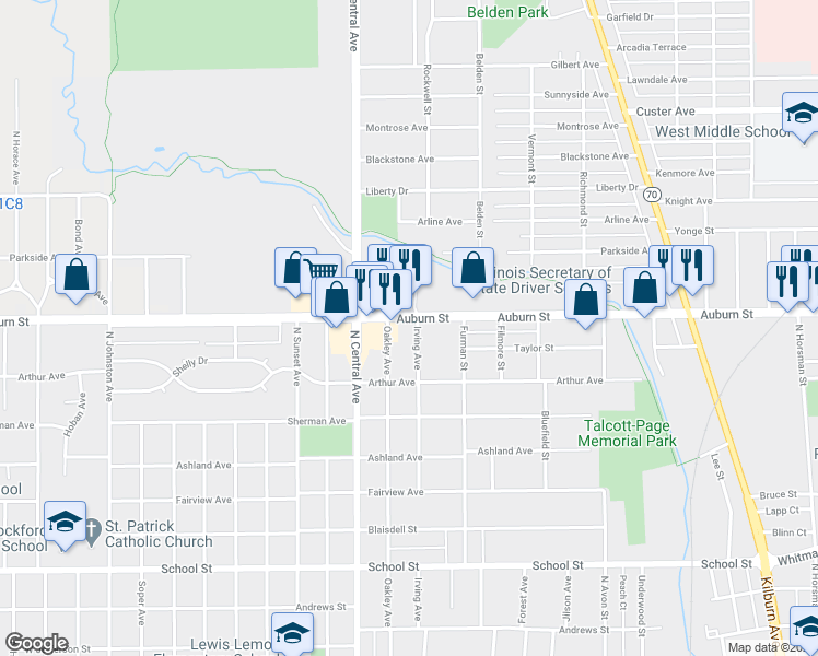 map of restaurants, bars, coffee shops, grocery stores, and more near 1115 Irving Avenue in Rockford