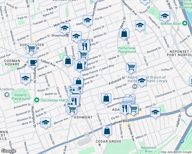 map of restaurants, bars, coffee shops, grocery stores, and more near 49 Wrentham Street in Boston
