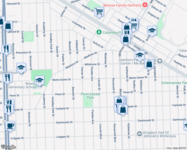 map of restaurants, bars, coffee shops, grocery stores, and more near 3237 Pardee Avenue in Dearborn