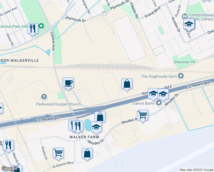 map of restaurants, bars, coffee shops, grocery stores, and more near 3940 North Service Road East in Windsor