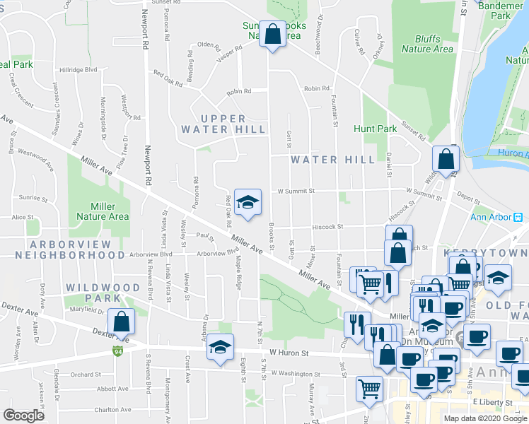map of restaurants, bars, coffee shops, grocery stores, and more near 721 Brooks Street in Ann Arbor
