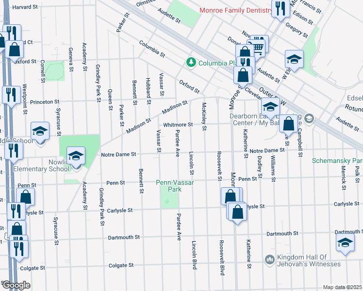 map of restaurants, bars, coffee shops, grocery stores, and more near 3237 Pardee Avenue in Dearborn