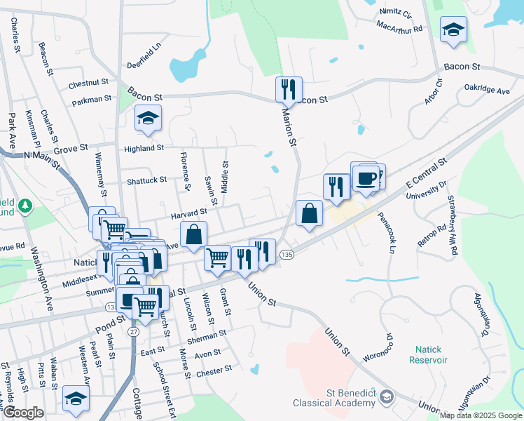 map of restaurants, bars, coffee shops, grocery stores, and more near 124 North Avenue in Natick