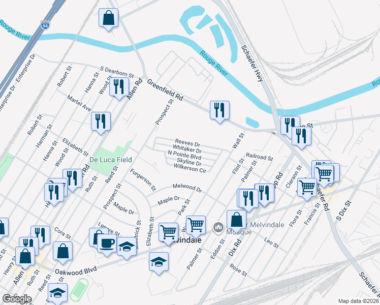 map of restaurants, bars, coffee shops, grocery stores, and more near 3221 North Pointe Boulevard in Melvindale