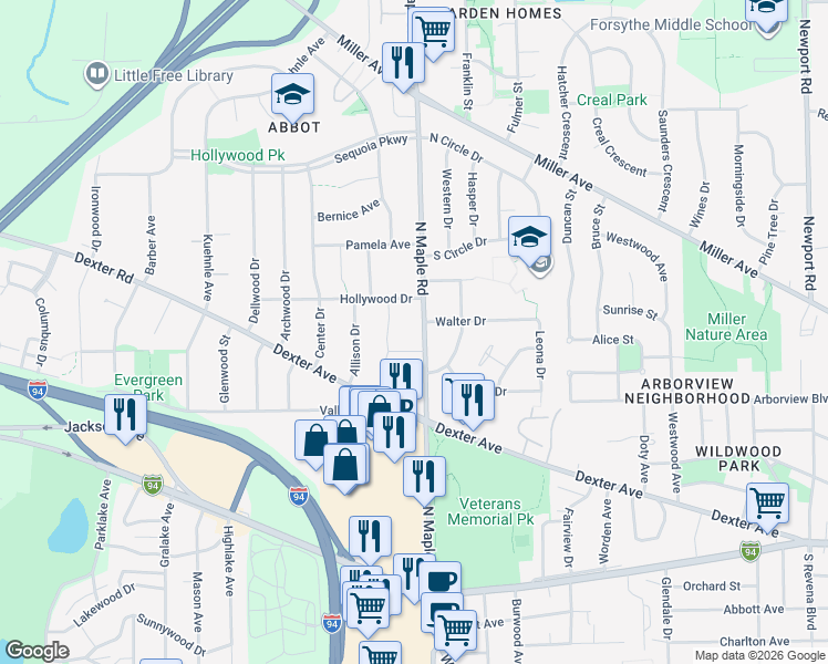 map of restaurants, bars, coffee shops, grocery stores, and more near 795 North Maple Road in Ann Arbor