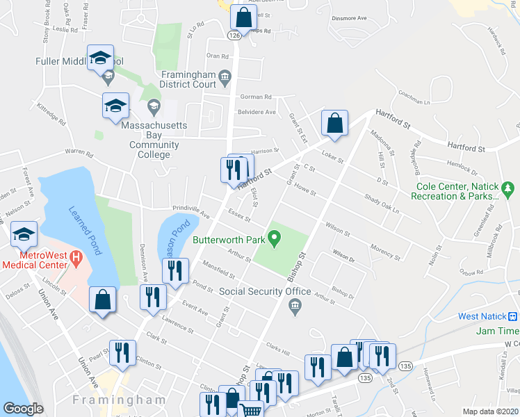 map of restaurants, bars, coffee shops, grocery stores, and more near 19 Eliot Street in Framingham