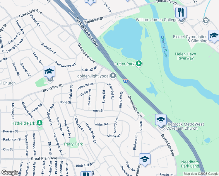 map of restaurants, bars, coffee shops, grocery stores, and more near 53 Edwardel Road in Needham