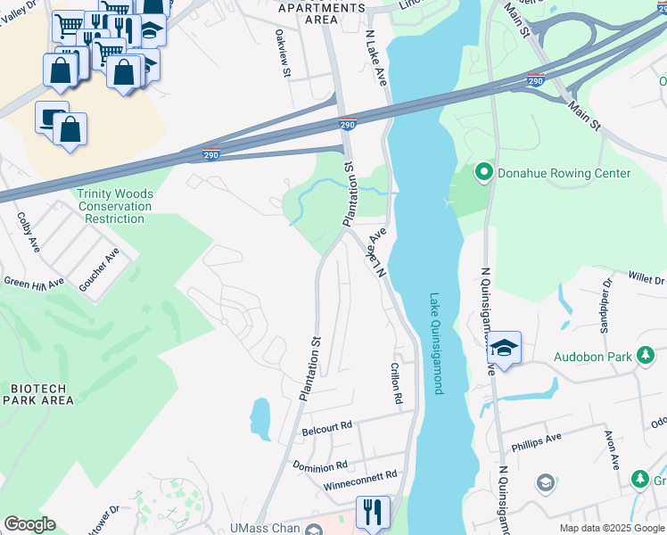 map of restaurants, bars, coffee shops, grocery stores, and more near 510 Plantation Street in Worcester