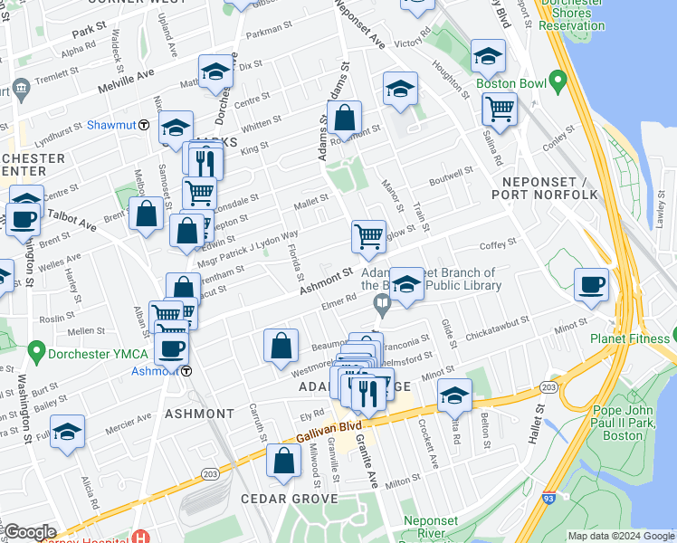 map of restaurants, bars, coffee shops, grocery stores, and more near 402 Ashmont Street in Boston