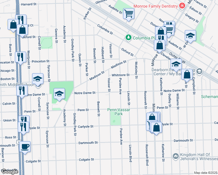 map of restaurants, bars, coffee shops, grocery stores, and more near 3235 Vassar Street in Dearborn